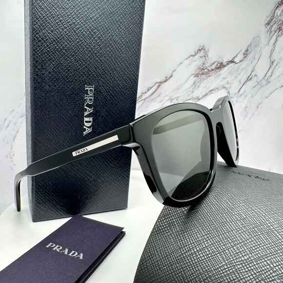 New PRADA Sunglasses Black Acetate Square Silver Metal Logo 53mm Gray Lens - Picture 4 of 16